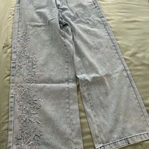 Floral Embroidered Light Blue Wide Leg Jeans